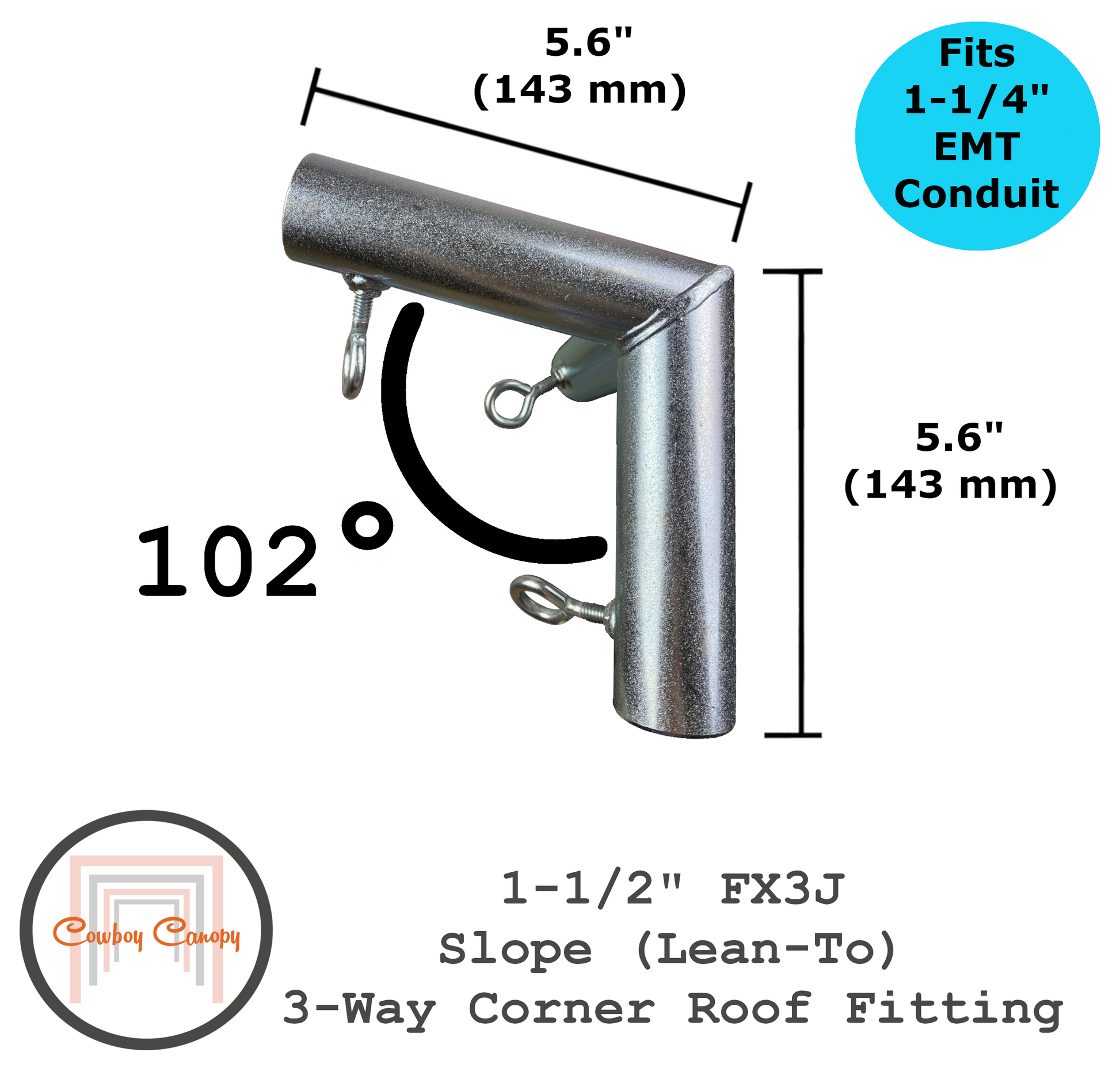 1-1/2" FX3J metal emt conduit canopy fitting low peak slope lean-to 3-way corner roof fitting cowboy canopy