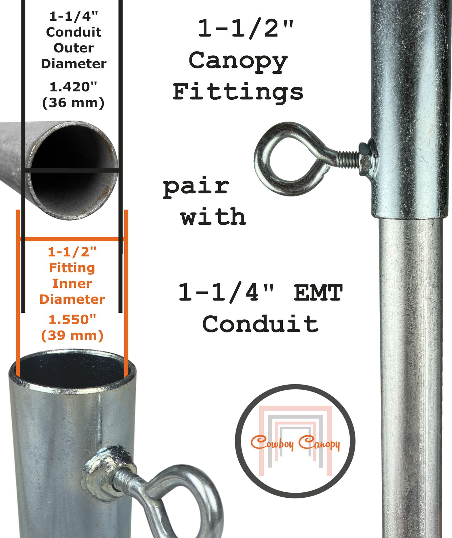 1-1/2" metal EMT conduit canopy fittings, DIY carport greenhouse temporary shelter parts cowboy canopy