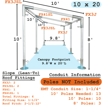 10'x20' Slope Lean-To canopy kit, metal EMT conduit 1-1/2" canopy fittings, instructions and dimensions, DIY carport greenhouse temporary shelter cowboy canopy