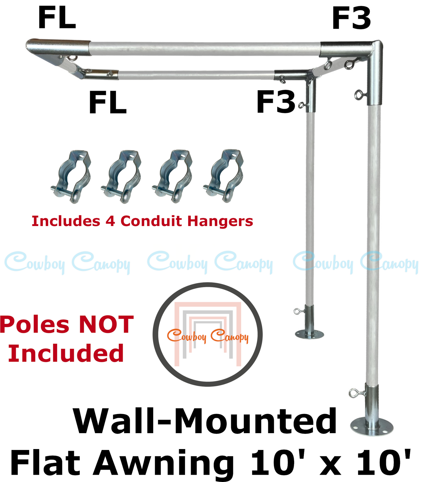10' Wide Wall-Mounted Flat Awning (3/4")
