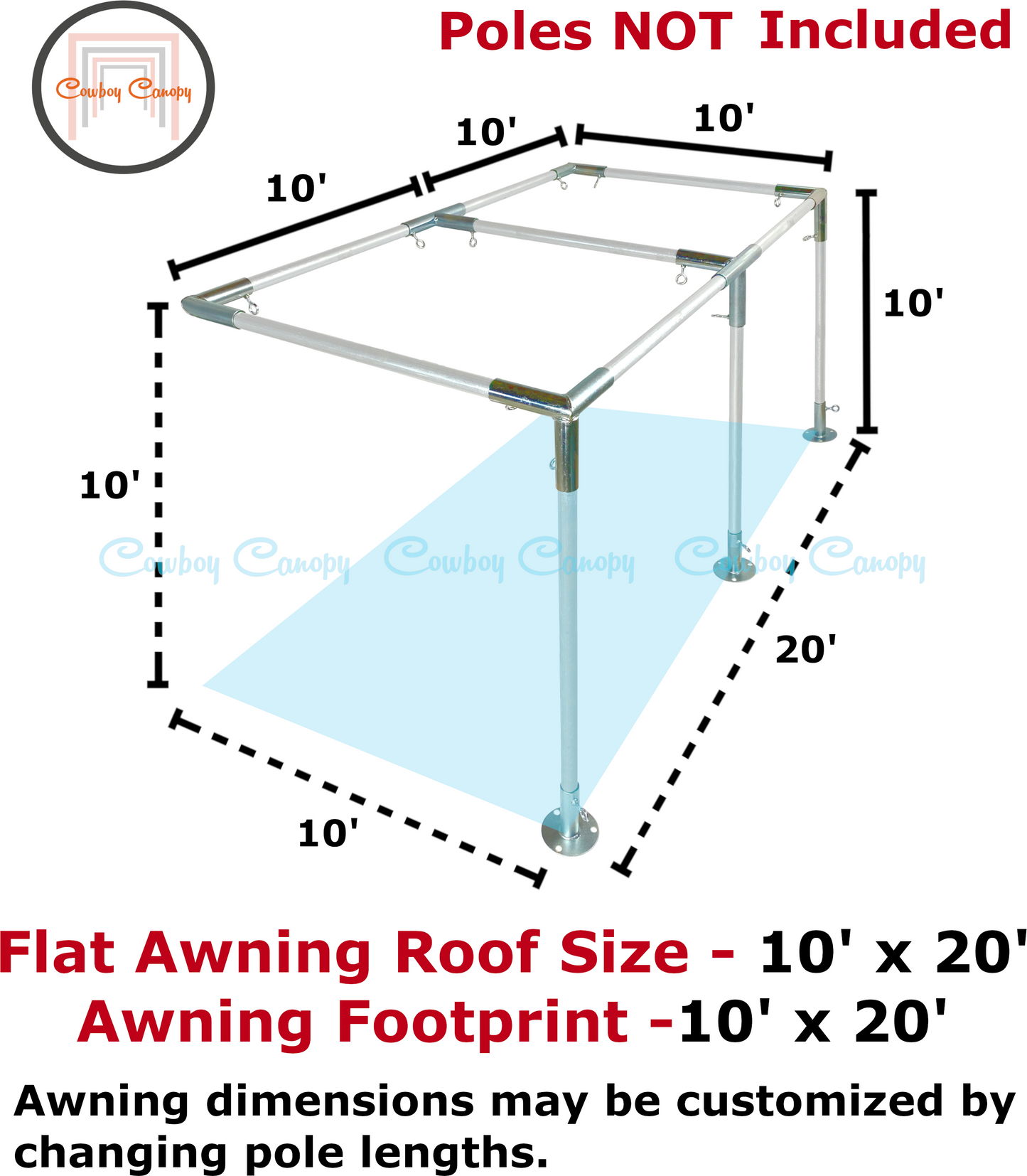 10' Wide Wall-Mounted Flat Awning (3/4")
