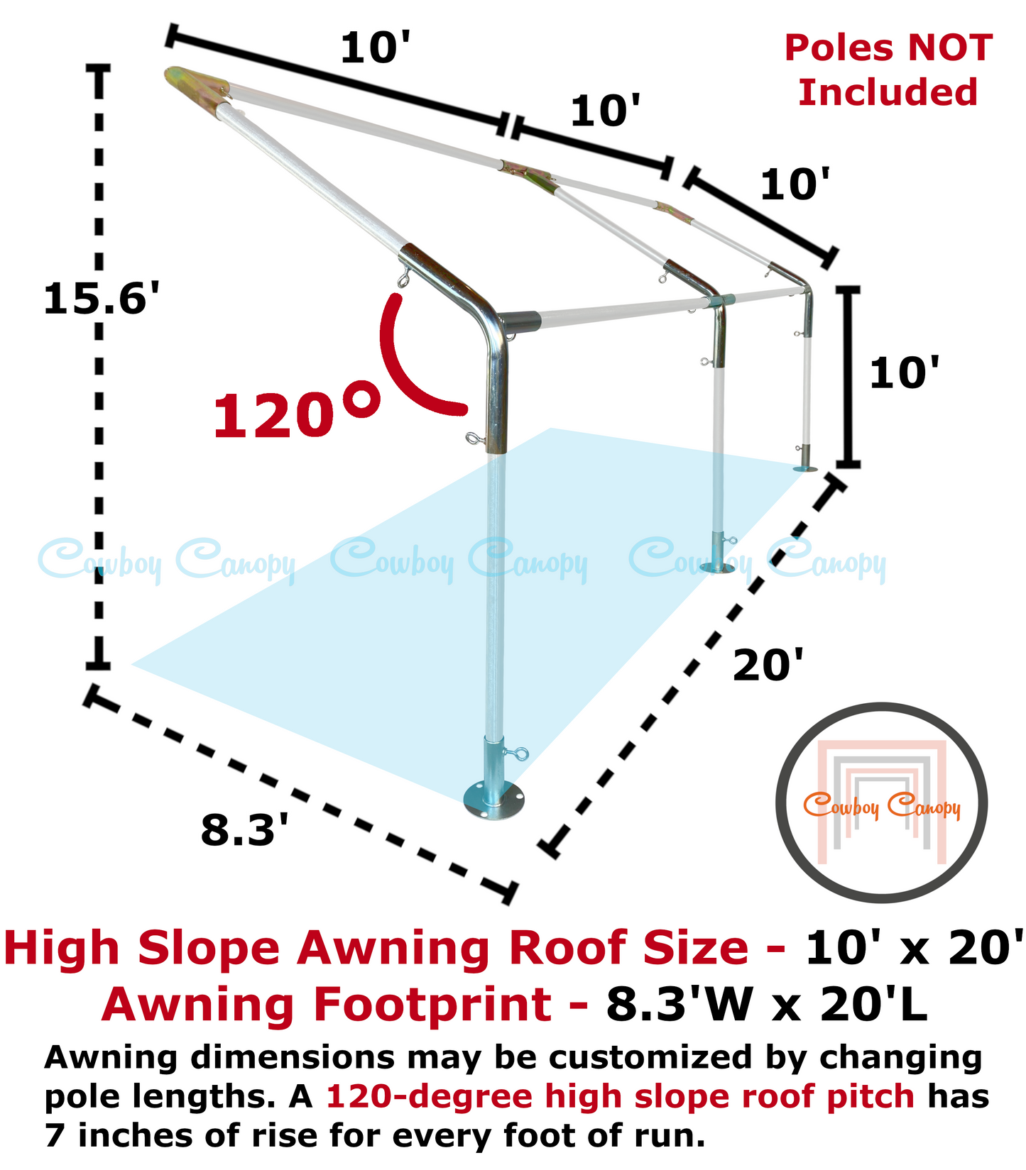 10' Wide Wall-Mounted High Slope Awning (1")