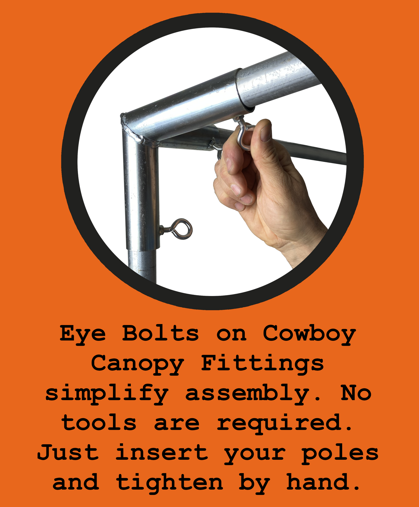 Eye Bolts, no tools required, metal EMT conduit canopy fittings, Side Wall Fittings, DIY carport greenhouse temporary shelter cowboy canopy