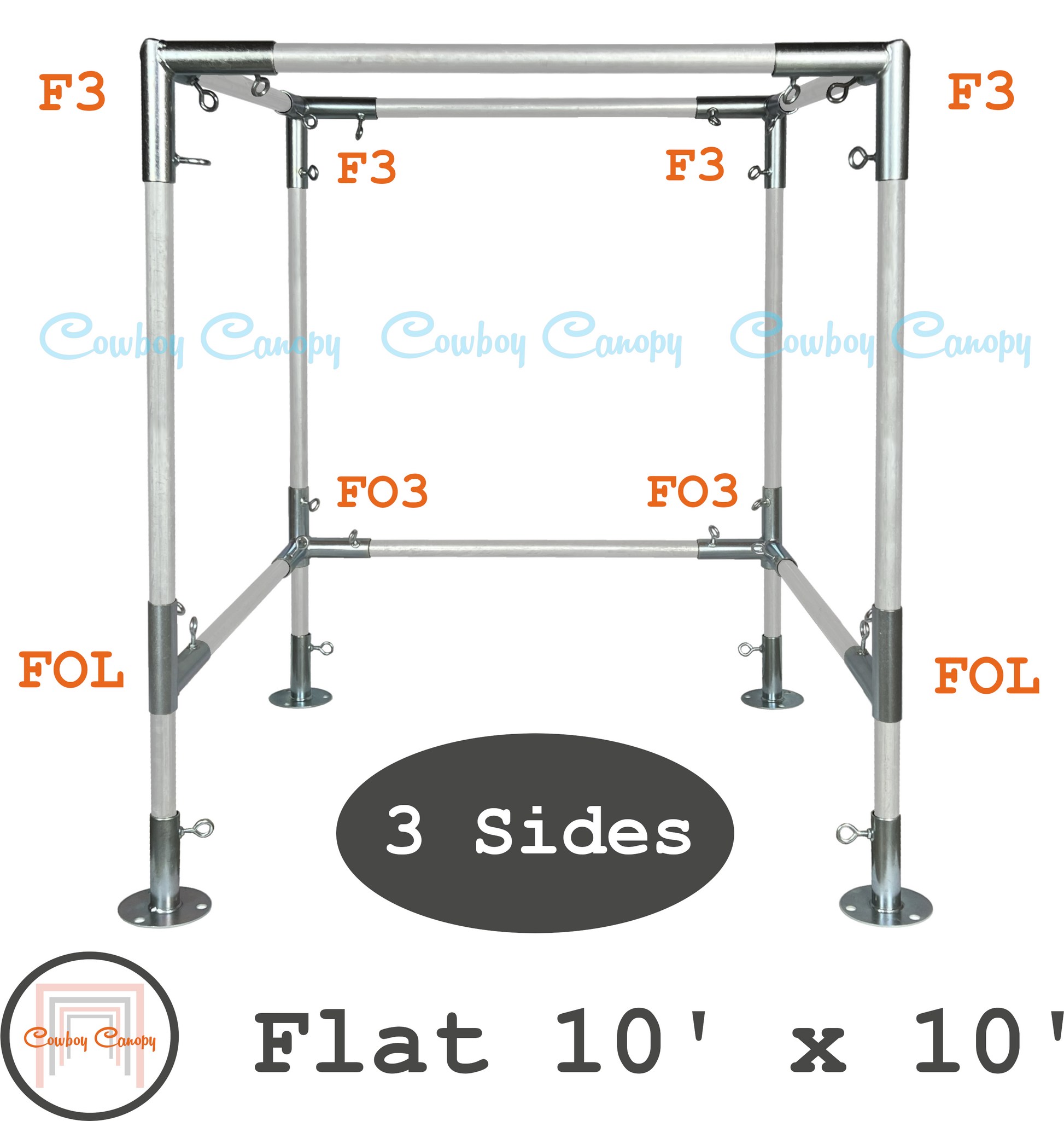 cowboy canopy 10'x10' flat roof canopy fittings kit, 1" EMT electrical metallic conduit fittings, metal canopy parts, 3 side walls