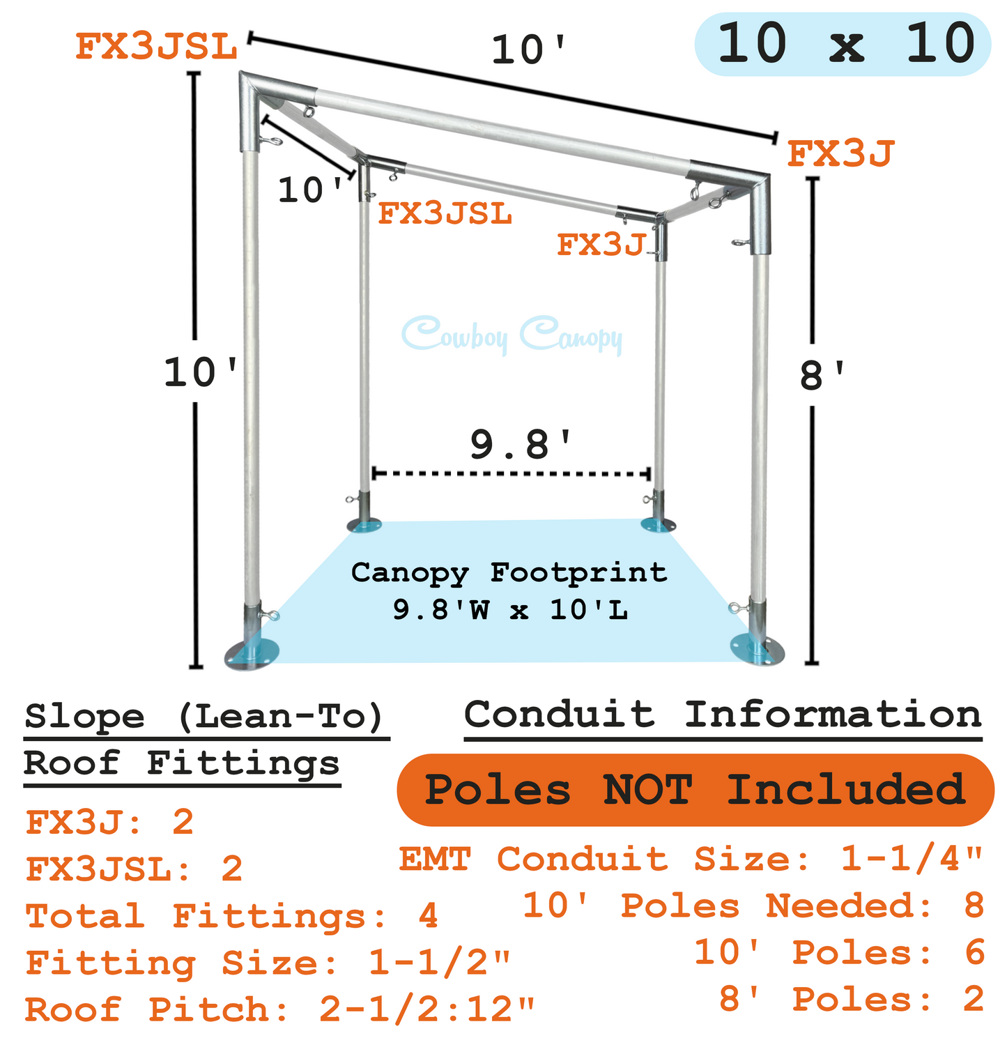 10'x10' Slope Lean-To canopy kit, metal EMT conduit 1-1/2" canopy fittings, instructions and dimensions, DIY carport greenhouse temporary shelter cowboy canopy